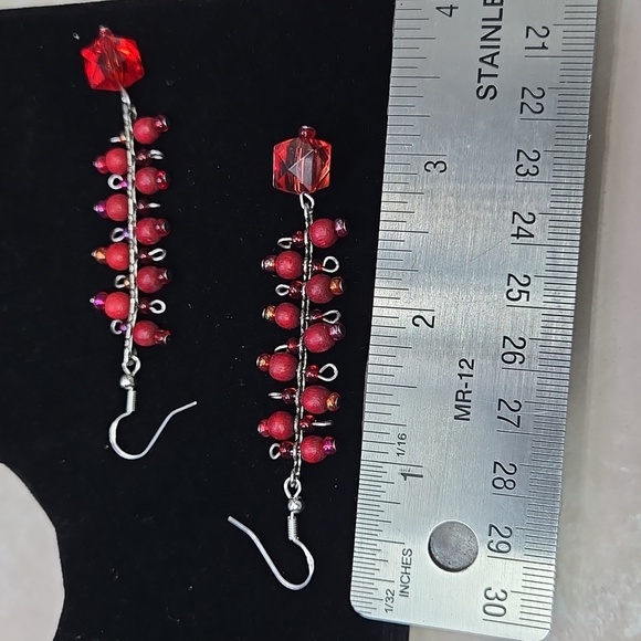 Sliver925 Hook Red Beaded Drop Earrings - Picture 3 of 15